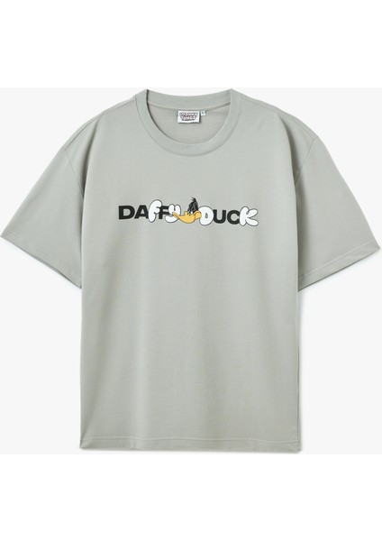 Yeni Sezon Kısa Kollu Pamuklu Tok Kumaş Bisiklet Yaka Oversize Baskılı Lisanslı Daffy Duck Tişört fırsatları
