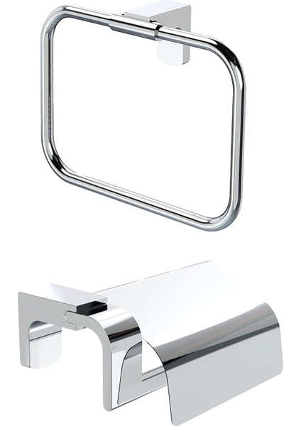 Premium Yuvarlak Kare Havluluk + Kapaklı Tuvalet Kağıtlık Ikili Banyo Seti