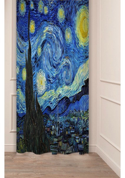 Van Gogh Yıldızlı Gece Ünli Eser Ünli Tablo Sanat Desenli Dijital Baskılı (Tek Kanat) Şık Fon Perde