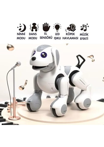 Fonksiyonlu Şarjlı Uzaktan Kumandalı ve El Sensörlü 22 cm Akıllı Robot Köpek Sesli Işıklı Programlama Dans Havlama ve Elle Kontrol