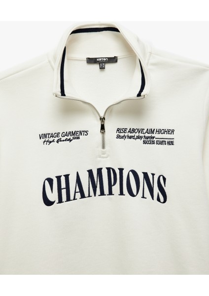 Yeni Sezon Yarım Fermuarlı Işlemeli Uzun Kollu Sweatshirt