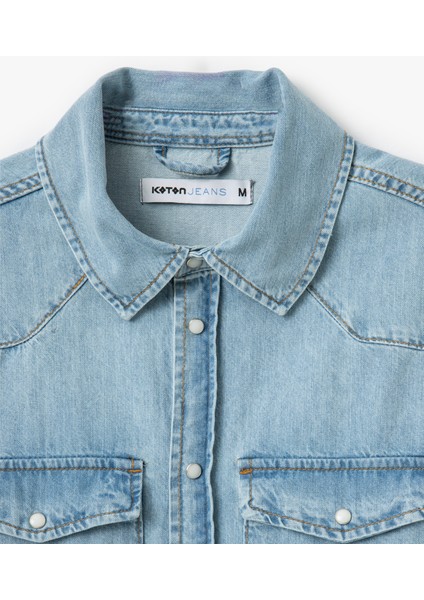 Yeni Sezon Pamuklu Düğmeli Kapaklı Cep Detaylı Uzun Kollu Jean Gömlek modelleri
