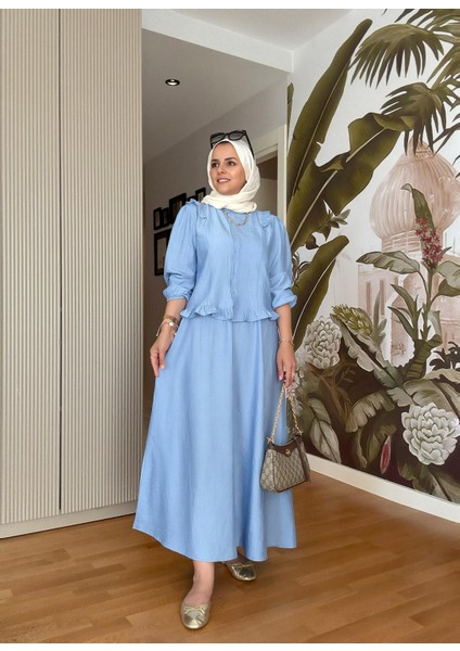 Çilek Kumaş Pamuklu Fırfırlı Gömlek Etekli Takım – Mavi modelleri