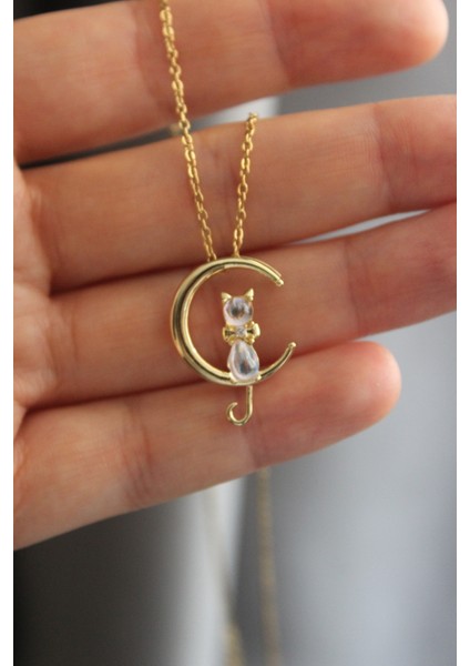 Monile Felinae Et Lunae Kedi ve Ay Kolyesi Zirkon Kolye (çelik kolye)