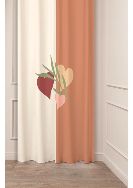 Kalp Aşk Bohem Minimalist Bej Krem Desenli Özel Tasarım Dijital Baskılı (Tek Kanat) Modern Fon Perde