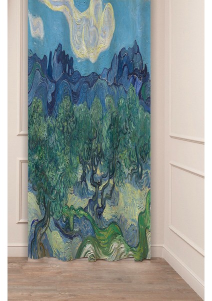 Van Gogh Zeytin Ağacı Ünli Eser Tablo Sanat Manzara Desenli Dijital Baskılı (Tek Kanat)Şık Fon Perde