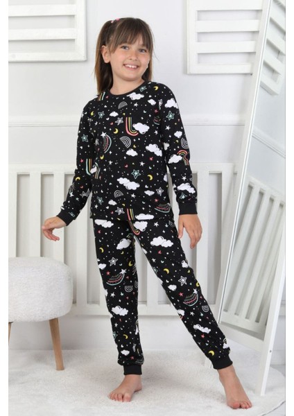 Isob Siyah Gökkuşağı Desenli %100 Pamuk Kız Çocuk Pijama Takımı 3-8 Yaş 51207-S