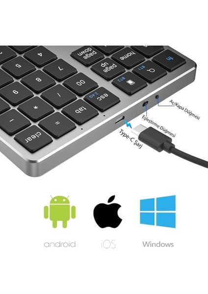 Powermaster PM-26595 Mini Gümüş Bluetooth 5.2 Kablosuz 35 Tuş Klavye Genişletme Sayı Bloğu Klavye Rakam Sayı Kısmı