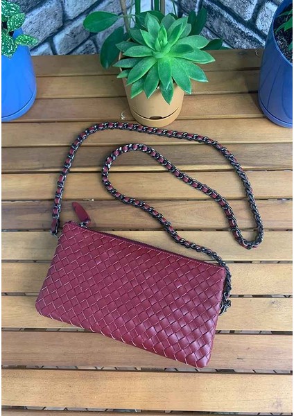 Hakiki Deri Kırmızı El Örgüsü Küçük Boy Kadın Çantası (T1603)