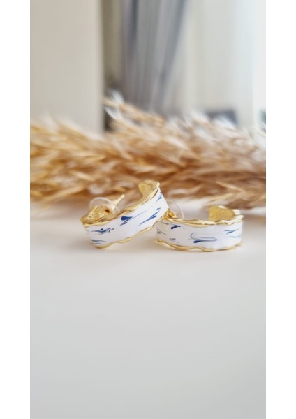 Vıp Seri Beyaz Mineli Çini Desen Gold Küpe