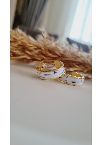 Vıp Seri Beyaz Mineli Çini Desen Gold Küpe
