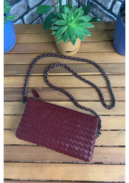 Hakiki Deri Bordo El Örgüsü Küçük Boy Kadın Çantası (T1601)