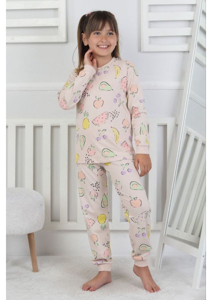 Isob Ekru Meyve Desenli %100 Pamuk Kız Çocuk Pijama Takımı 3-8 Yaş 51206-E