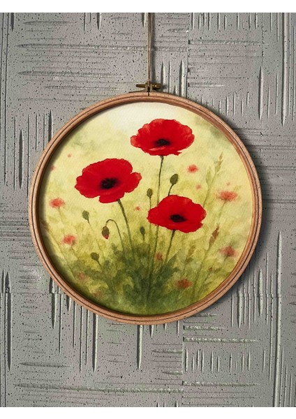 Gelincik Baharı - Sulu Boya Kanvas Duvar Süsü - Tablo -Kasnak (32 cm )