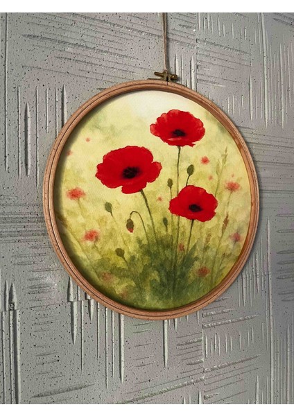 Gelincik Baharı - Sulu Boya Kanvas Duvar Süsü - Tablo -Kasnak (32 cm )