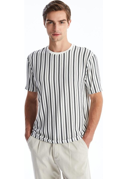 Ekru Bisiklet Yaka Kısa Kollu Çizgili Erkek Tişört fiyatları