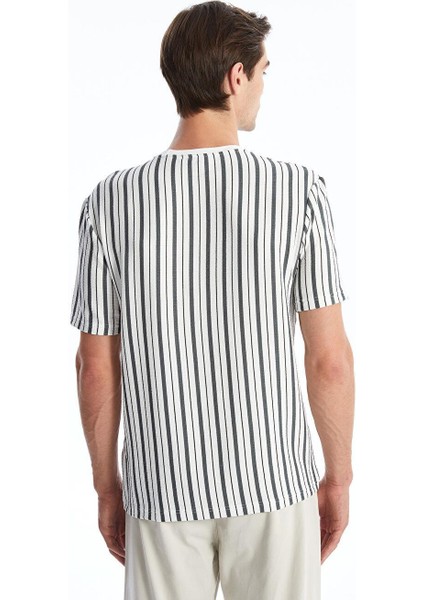 Ekru Bisiklet Yaka Kısa Kollu Çizgili Erkek Tişört indirimleri