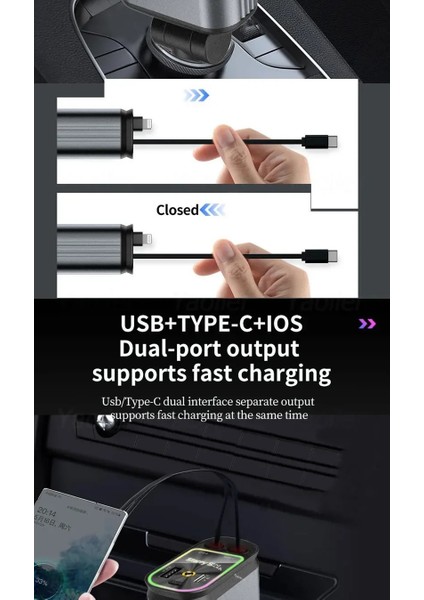 66W Hızlı Araç Şarj Aleti,RGB Işıklı,Yıldız Görsel Efektli,4'ü 1 Arada Type-C + Lightning Çek Bırak Makara Kablolu Android-Apple Uyumlu