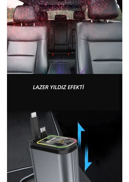 66W Hızlı Araç Şarj Aleti,RGB Işıklı,Yıldız Görsel Efektli,4'ü 1 Arada Type-C + Lightning Çek Bırak Makara Kablolu Android-Apple Uyumlu