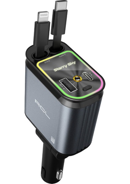 66W Hızlı Araç Şarj Aleti,RGB Işıklı,Yıldız Görsel Efektli,4'ü 1 Arada Type-C + Lightning Çek Bırak Makara Kablolu Android-Apple Uyumlu