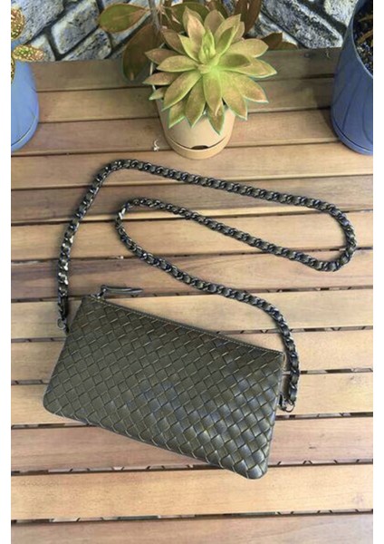 Hakiki Deri Haki Yeşil El Örgüsü Küçük Boy Kadın Çantası (T1602)