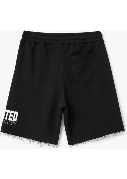 Yeni Sezon Slogan Baskılı Cepli Bermuda Beli Bağcıklı Pamuk Karışımlı Oversize Spor Şort