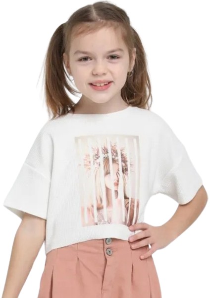 Kız Çocuk Dijital Baskılı Kaşkorse Kumaş Beyaz Bluz