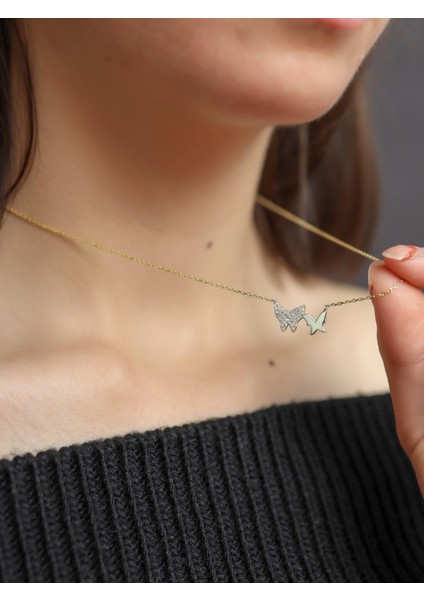 925 Ayar Gümüş , Gold Kaplamalı Zirkon Taşlı Tasarım Kelebek Kolye