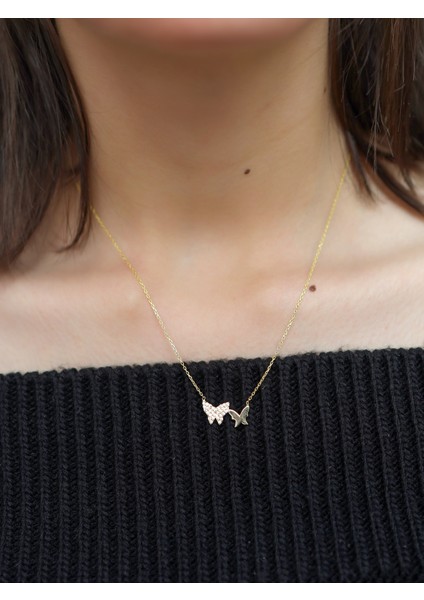 925 Ayar Gümüş , Gold Kaplamalı Zirkon Taşlı Tasarım Kelebek Kolye fiyatları