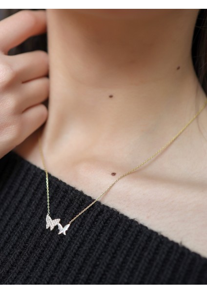 925 Ayar Gümüş , Gold Kaplamalı Zirkon Taşlı Tasarım Kelebek Kolye modelleri