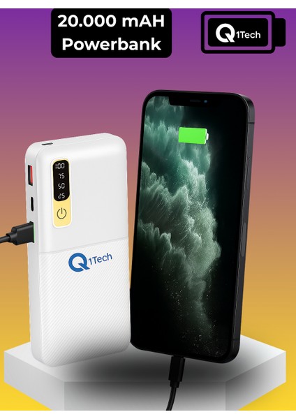 20.000 Mah Powerbank - El Feneri -LED Göstergeli - Hızlı Şarj