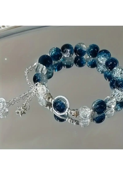 Parlayan Yıldız Mavi Boncuklu Galaksi Bileklik - El Yapımı - Moda Günlük Aksesuar -Sevgililer Günü Hediyesi