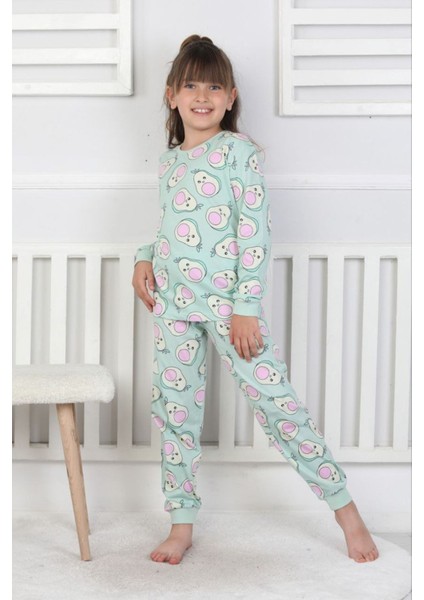 Isob Yeşil Avakado Desenli %100 Pamuk Kız Çocuk Pijama Takımı 3-13 Yaş 51201-51402-Y