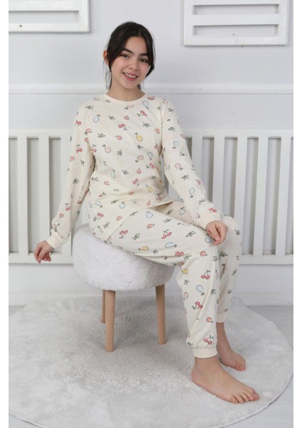 Isob Ekru Meyve Desenli %100 Pamuk Kız Çocuk Pijama Takımı 3-13 Yaş 41407-51210-E