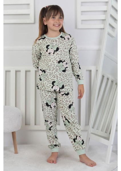 Isob Yeşil Minnie Mause Desenli %100 Pamuk Kız Çocuk Pijama Takımı 3-8 Yaş 51208-Y