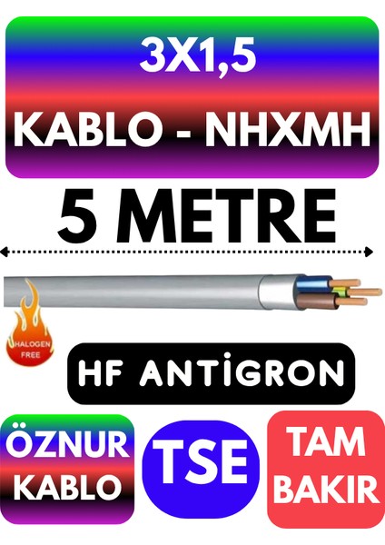 Öznur 3x1,5 nhxmh (Alev Iletmez) Kablo Metre Seçenekli (Gri)