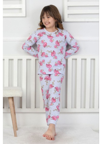 Isob Lila Flamingo Desenli %100 Pamuk Kız Çocuk Pijama Takımı 3-8 Yaş 51203-L