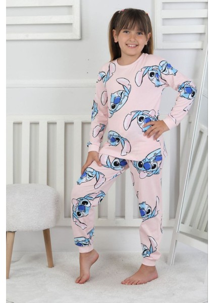 Isob Pembe Stitch Desenli %100 Pamuk Kız Çocuk Pijama Takımı 3-8 Yaş 51202-P