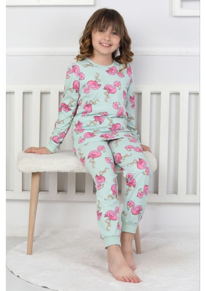 Isob Yeşil Flamingo Desenli %100 Pamuk Kız Çocuk Pijama Takımı 3-8 Yaş 51203-Y