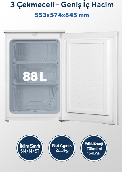 3 Çekmeceli Dikey Derin Dondurucu 88L HFR-100