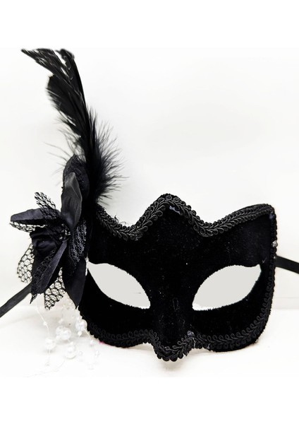 Siyah Süet Yandan Tüylü Incili Parti Maskesi