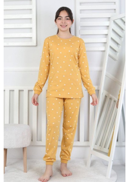 Isob Sarı Çiçek Desenli %100 Pamuk Kız Çocuk Pijama Takımı 8-13 Yaş 51401-S