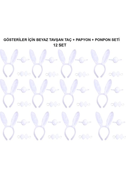Beyaz Tavşan Kostüm Seti – Taç, Papyon, Kuyruk (12’li Paket)