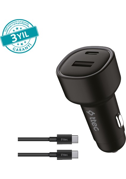 Smartcharger Duo Pd 48W Usb-C+Usb-A - Usb-C-Usb-C 3A Kablo Araç Hızlı Şarj Aleti