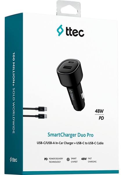 Smartcharger Duo Pd 48W Usb-C+Usb-A - Usb-C-Usb-C 3A Kablo Araç Hızlı Şarj Aleti