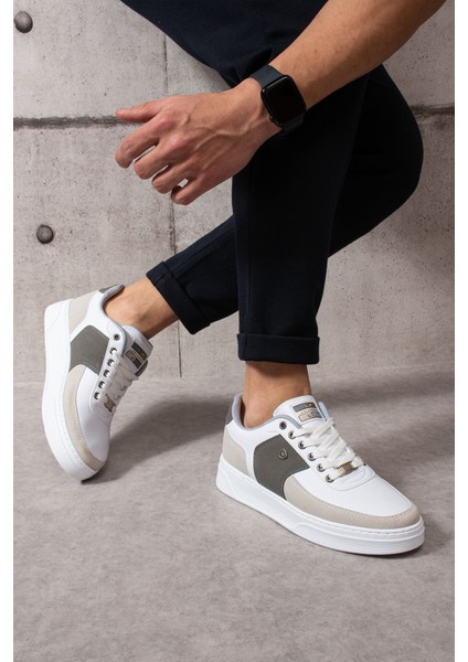 909 Beyaz Renk Bağcıklı Krem Detay Beyaz Taban Rahat Günlük Erkek Spor Ayakkabı Lescarmine