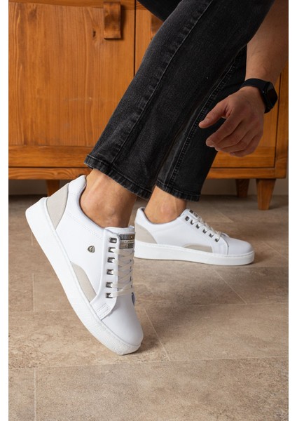 905 Beyaz Renk Bağcıklı Krem Detay Beyaz Taban Rahat Günlük Erkek Spor Ayakkabı Lescarmine
