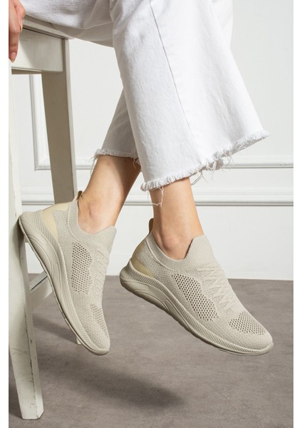 041 Bağcık Baskılı Rahat Taban Bej Unisex Günlük Spor Ayakkabı Lescarmine
