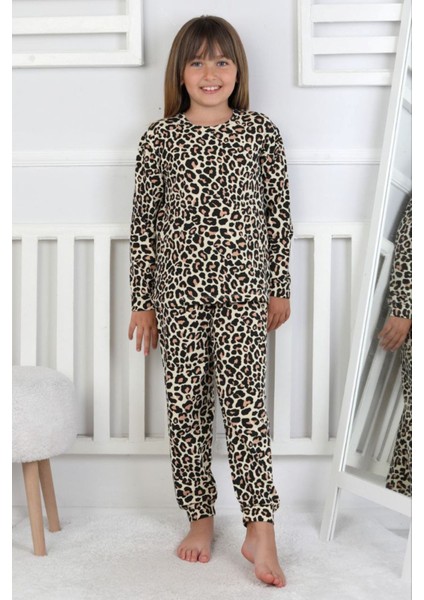Isob Siyah Leopar Desenli %100 Pamuk Kız Çocuk Pijama Takımı 8-13 Yaş 51408-S