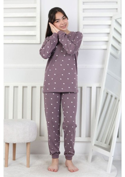 Isob Mor Çiçek Desenli %100 Pamuk Kız Çocuk Pijama Takımı 8-13 Yaş 51401-M
